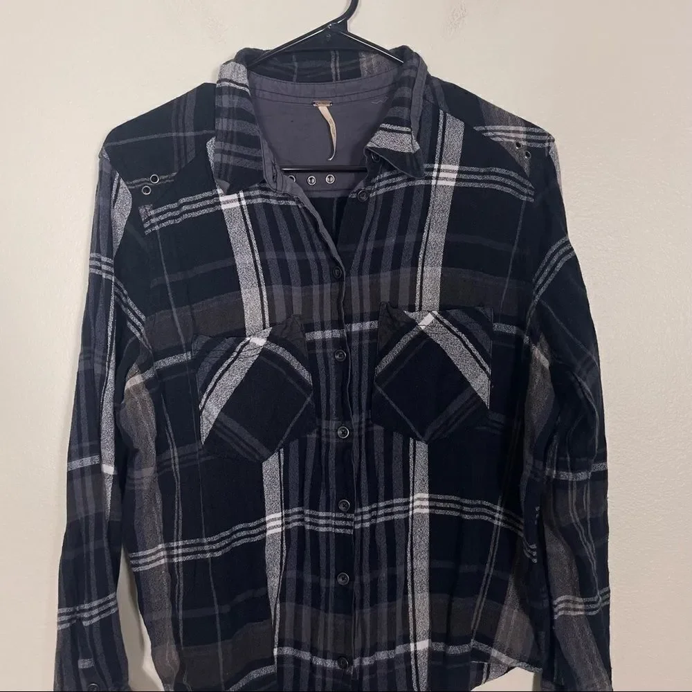Free People Black with Grey and Brown Plaid Long Sleeve Shirt‎ Women’s Small